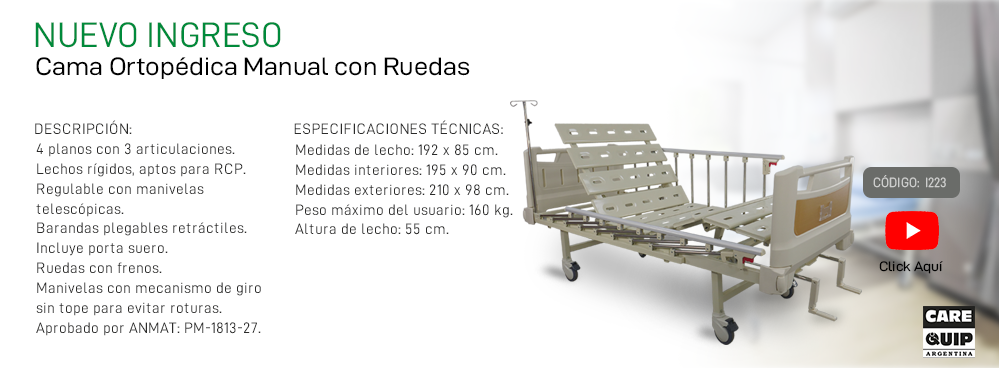 NUEVO INGRESO: CAMA ORTOPEDICA MANUAL CON RUEDAS